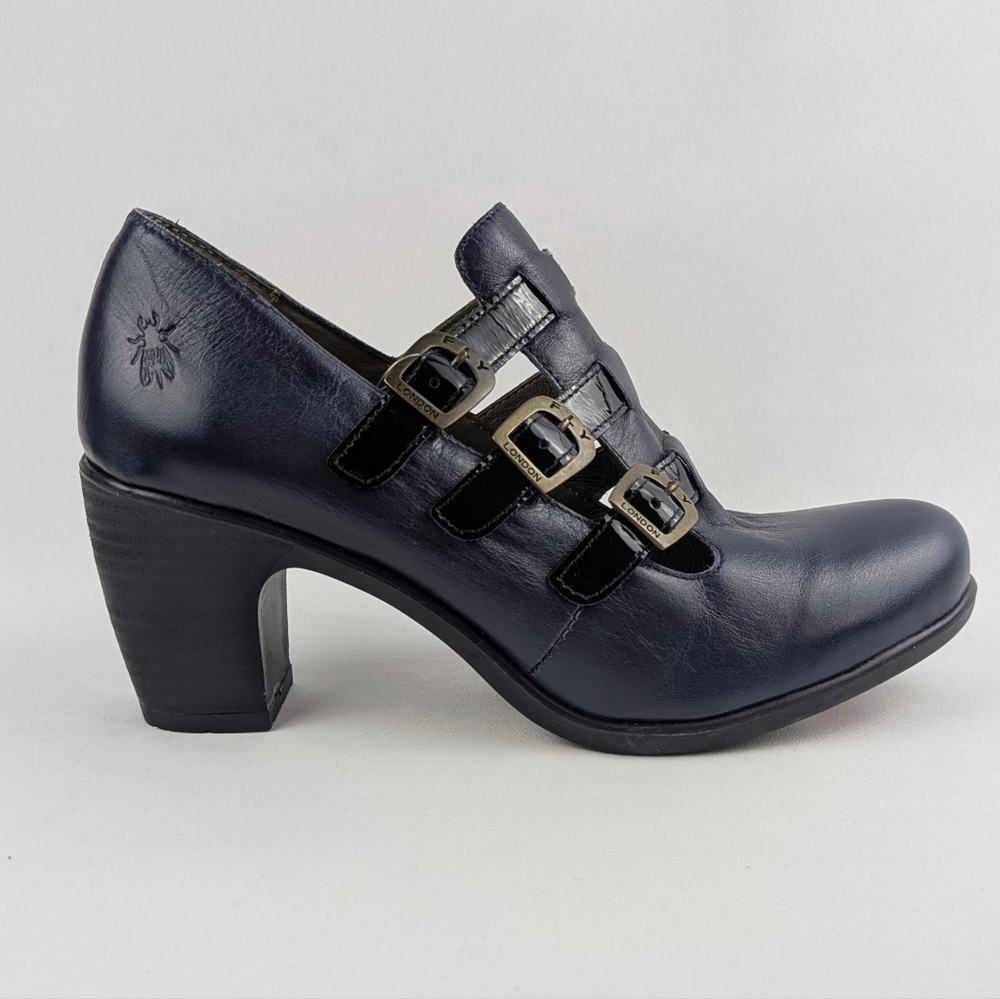 FLY London Kacy Ankle Boot Leather Buckle Straps Navy Black EU41 US 10-10.5 NWT - Picture 4 of 16